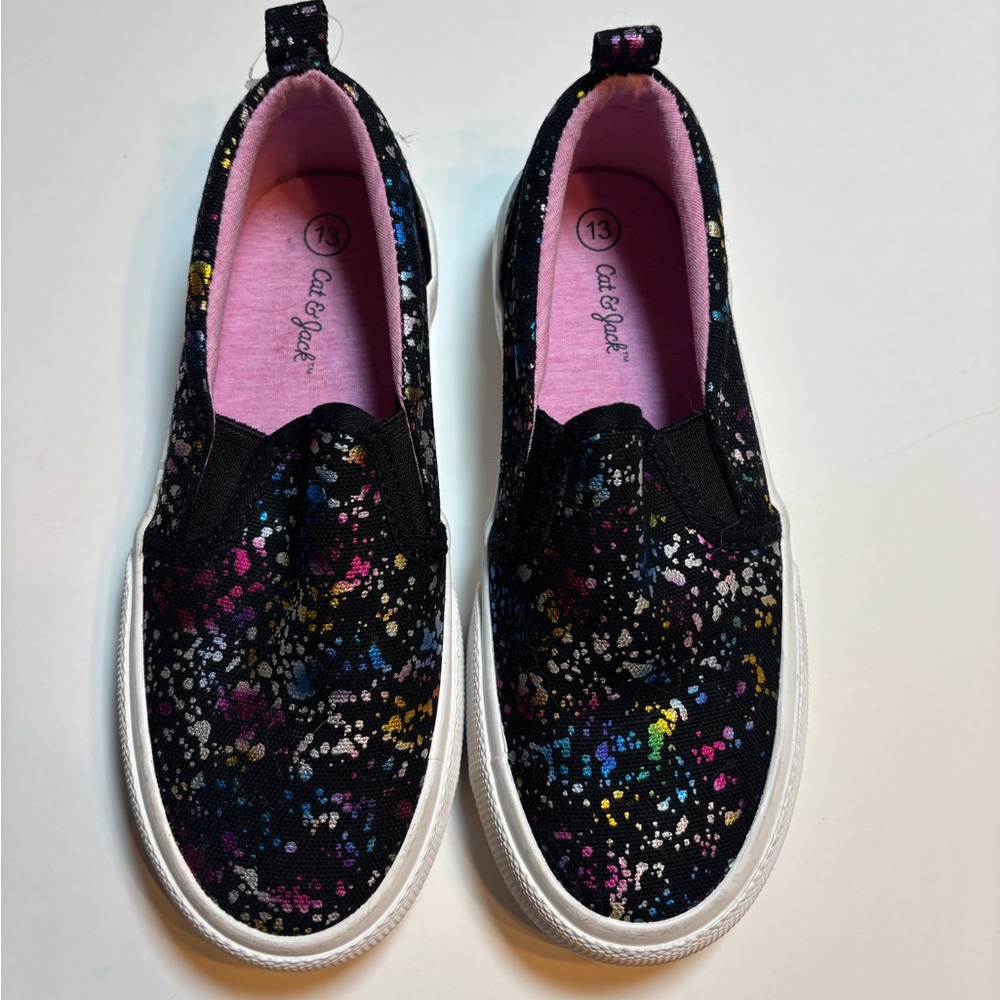 Cat & Jack Black Slip-On Kids Sneakers Multicolor Paint Splatter Girls Size 13